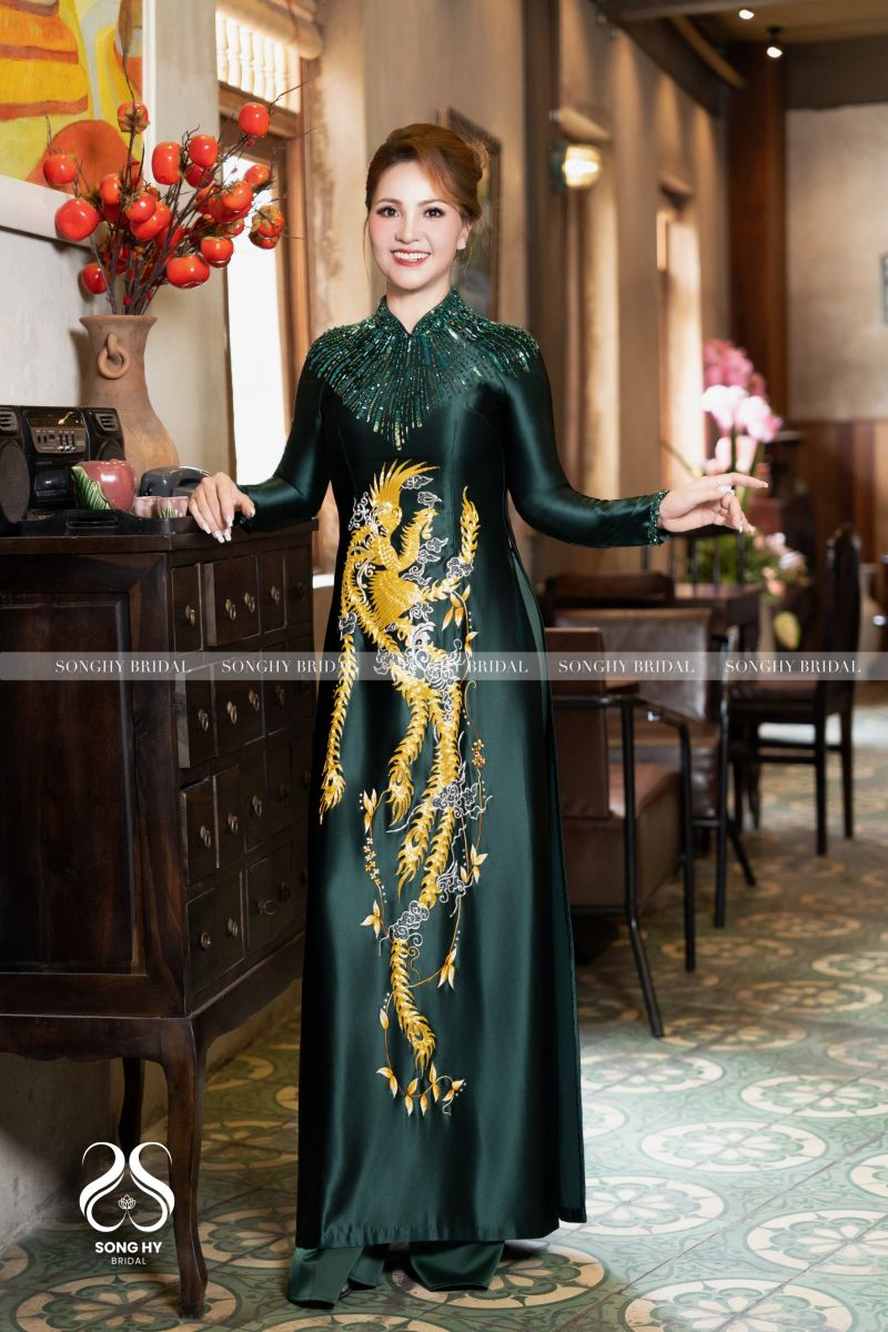 áo dài bà sui thêu tay phượng hoàng 