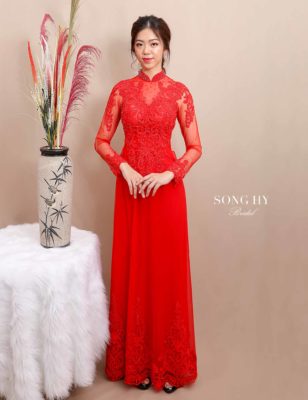 áo dài cô dâu đỏ ren thiết kế xòe